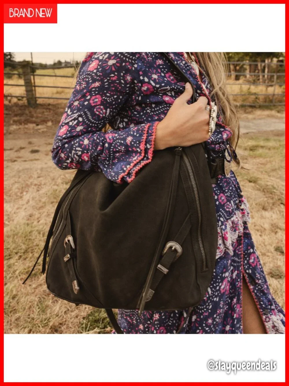 Faux Suede Hobo Shoulder Bag with Fringe Buckle Studs